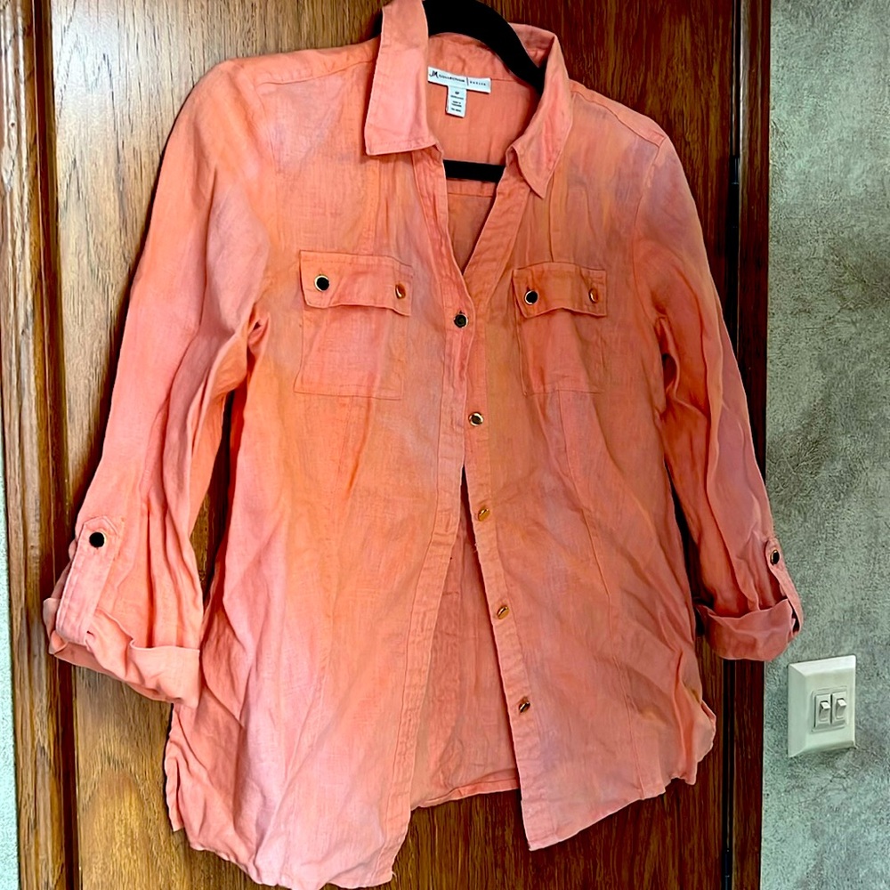 Linen Blouse Peach 3/4 sleeve button down petite size 6